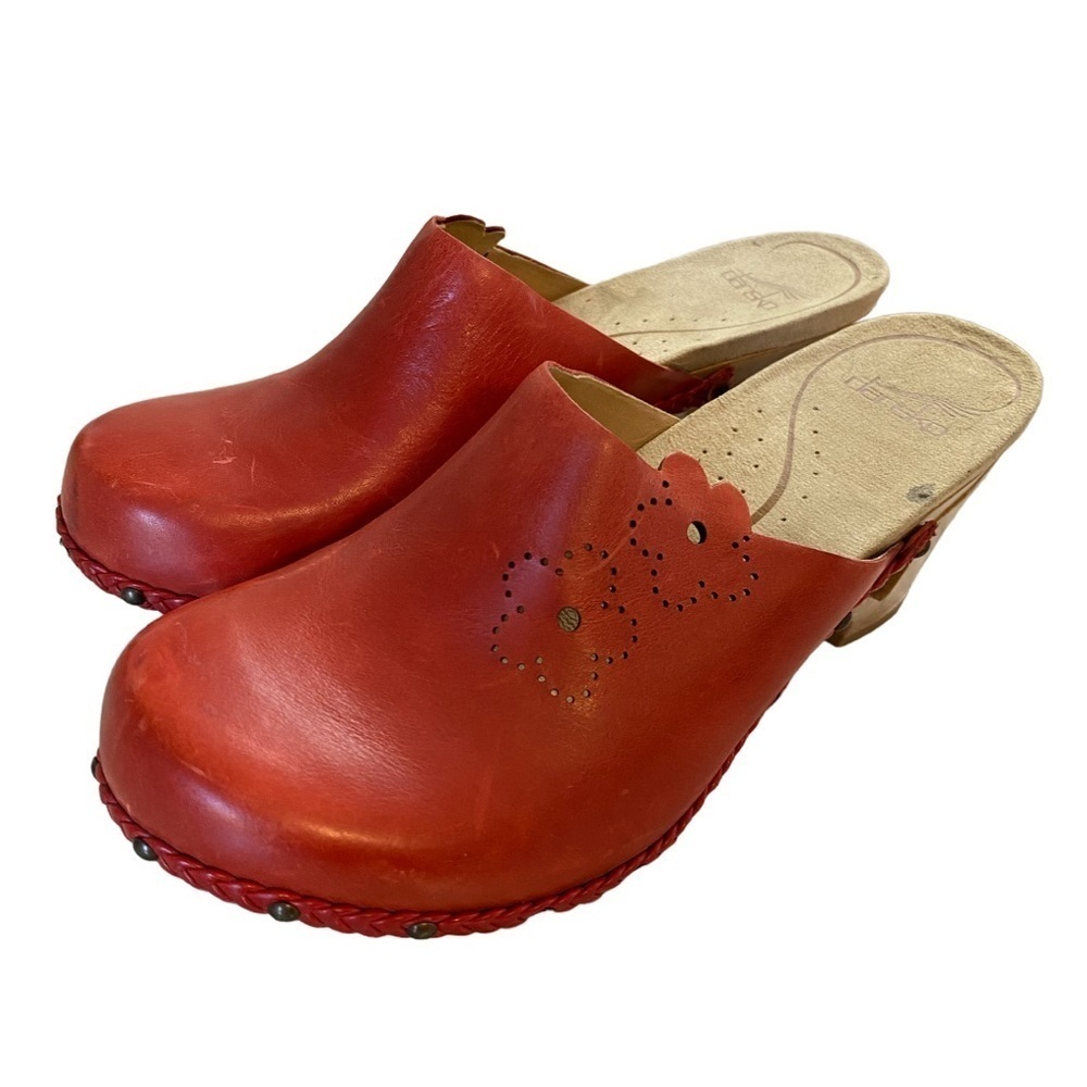 Dansko Red Leather Platform Clogs with Perforated Floral Detail - Picture 6 of 10